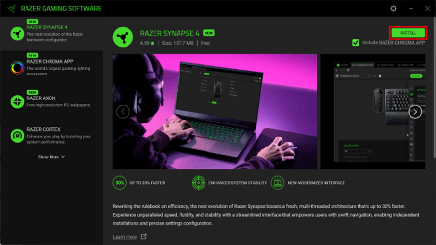 Screenshot showing Razer Synapse installation button