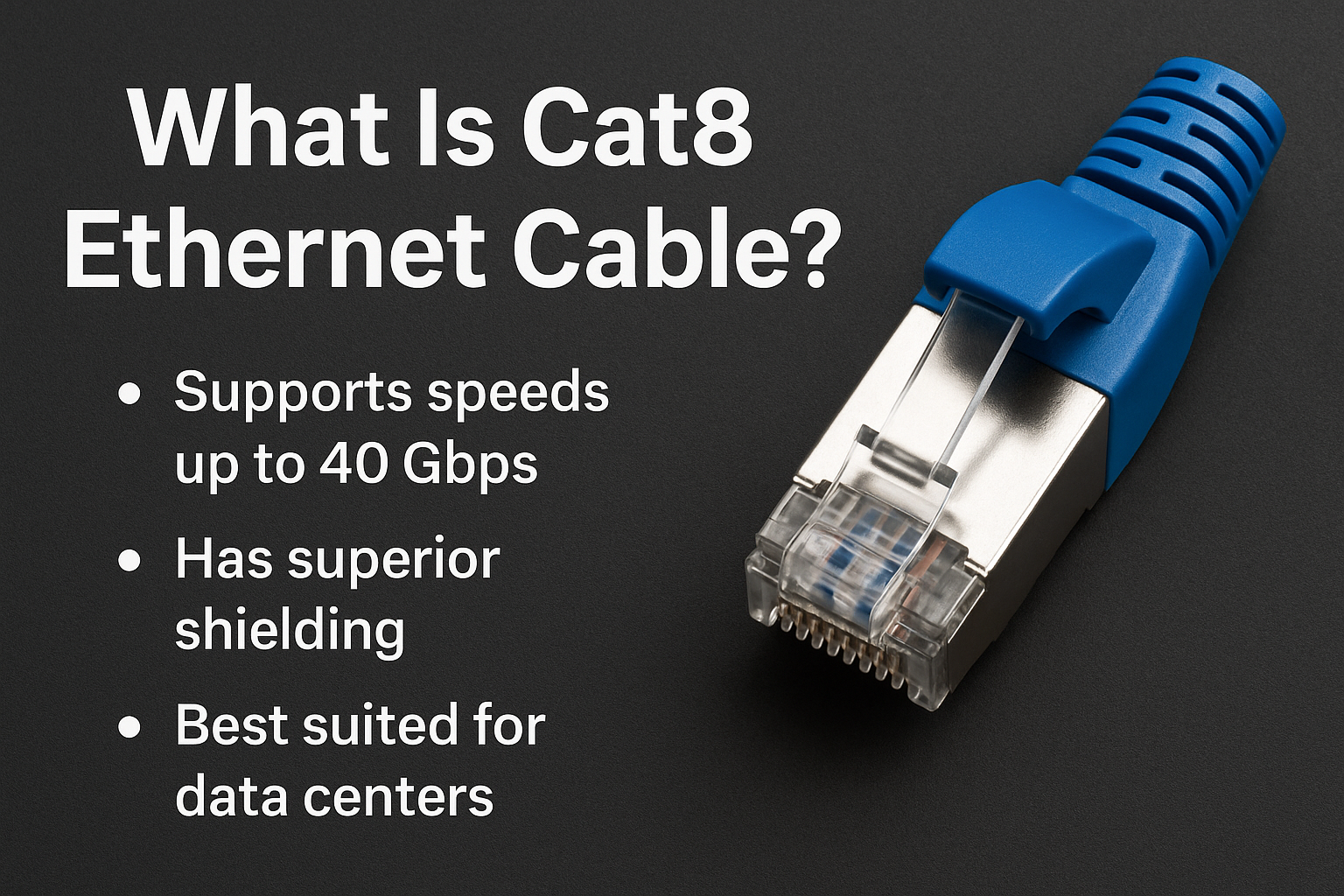 A digital informational graphic titled âWhat Is Cat8 Ethernet Cable?â shows a blue Cat8 Ethernet connector