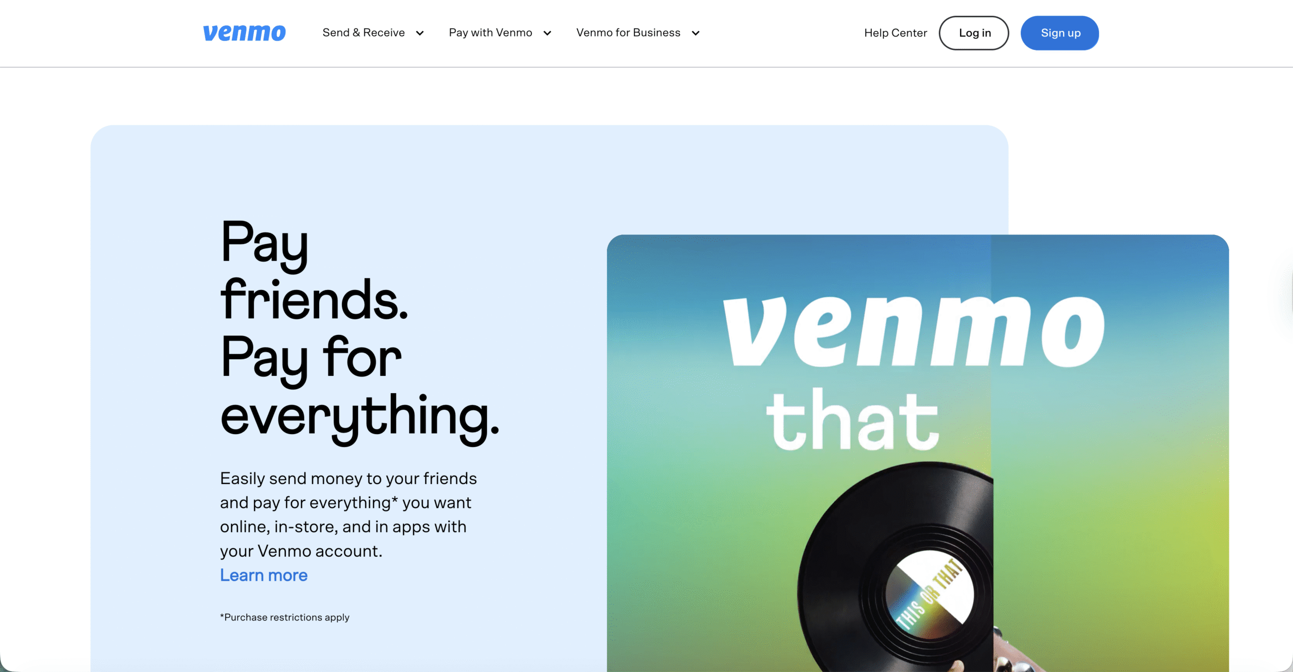 The venmo webpage featuring a vintage record