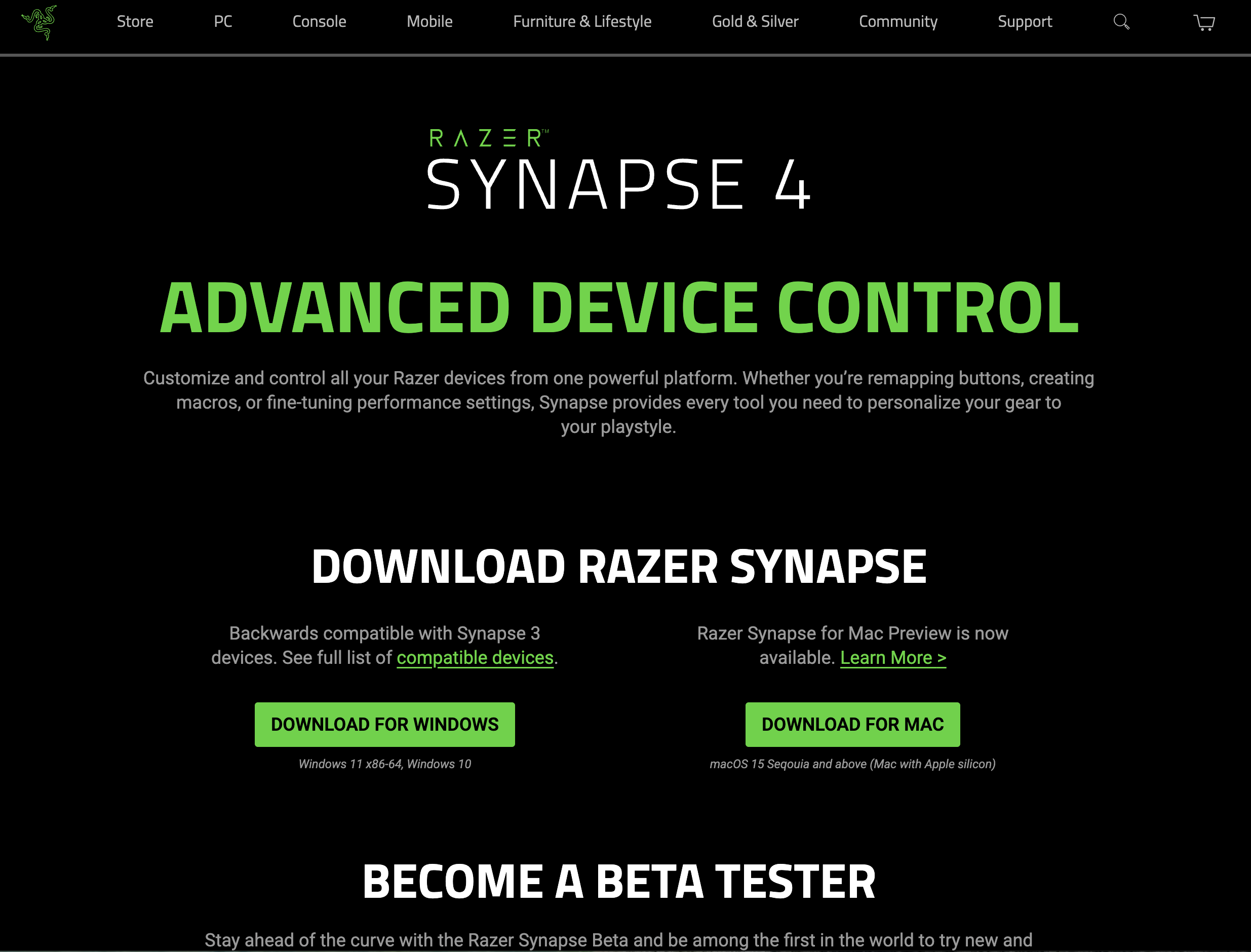 Screenshot of the Razer Synapse website showing the &acirc;Download Now&acirc; button under Synapse 4 with a dark neon green theme.