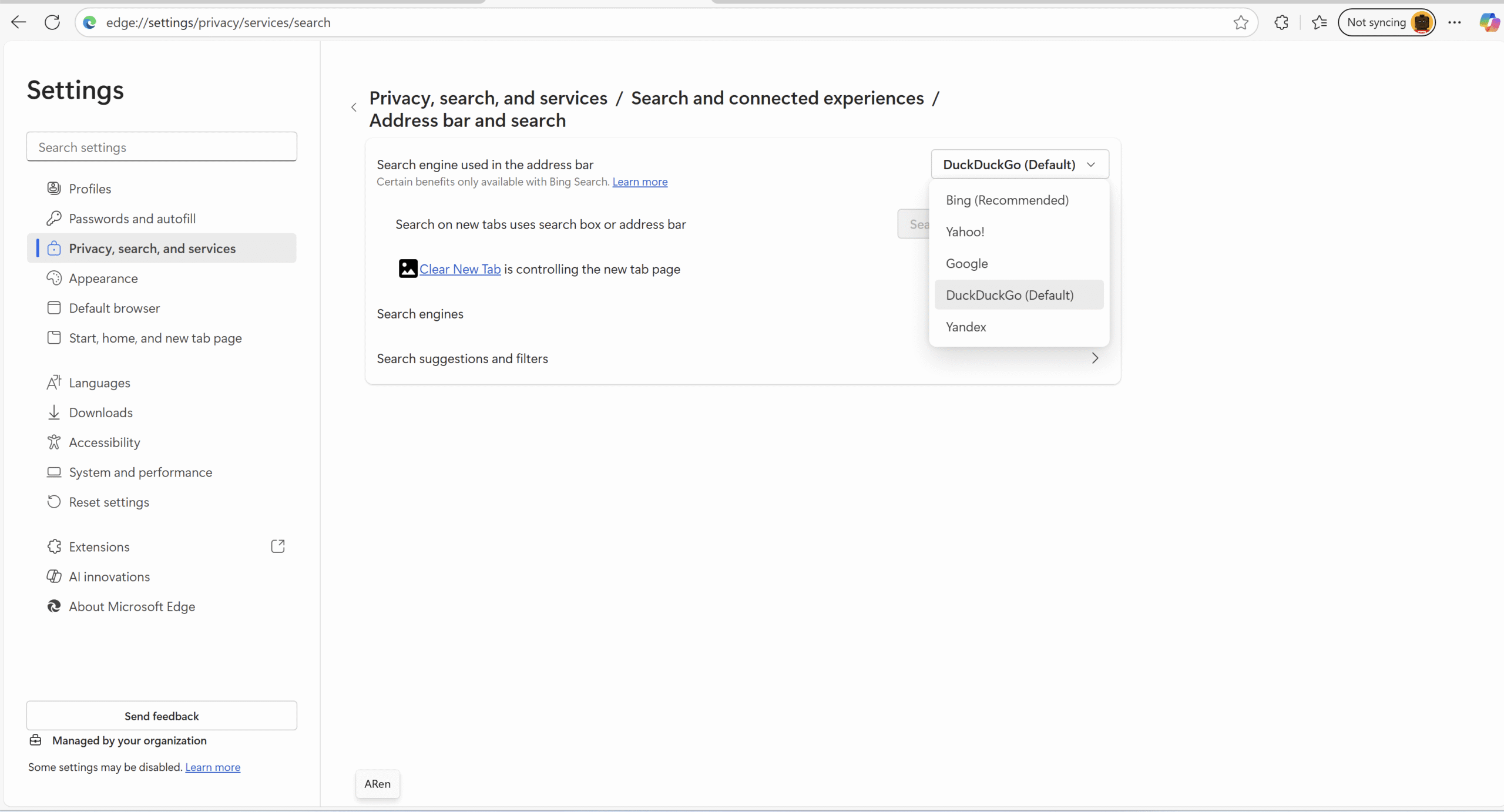 a screenshot of duckduckgo default setting on edge