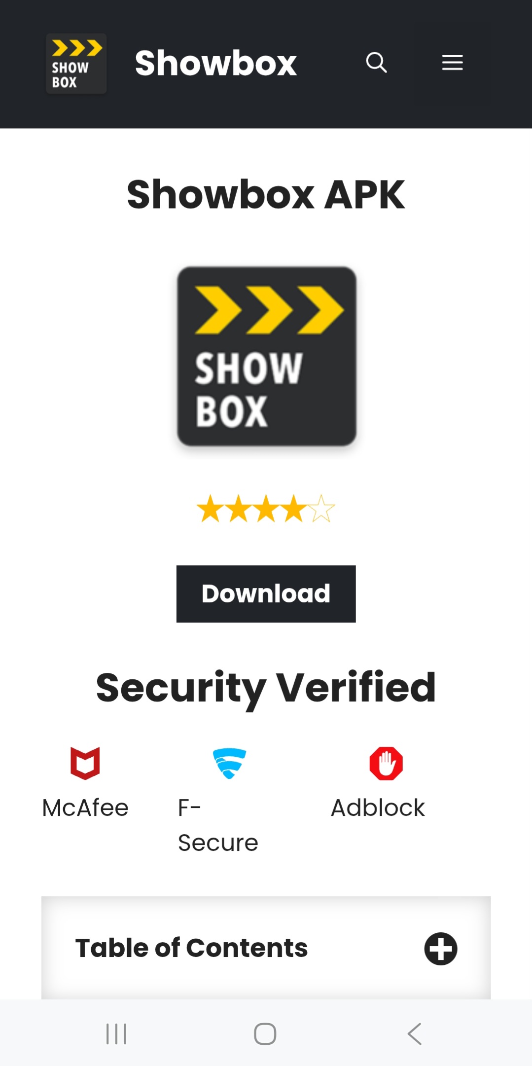 Showbox website apk download page