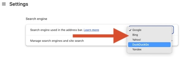 page showing duckduckgo default setting on chrome
