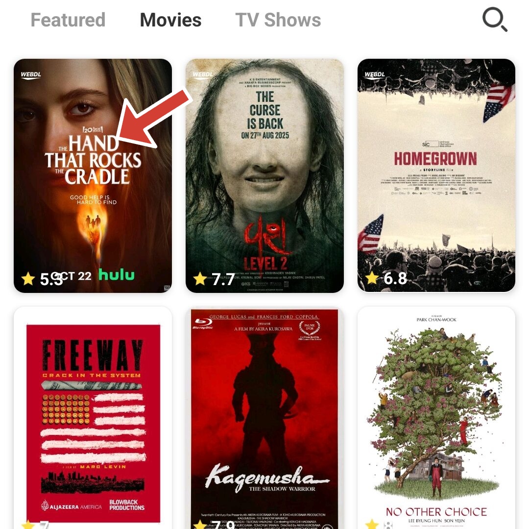 Selection of movies on app's homepage
