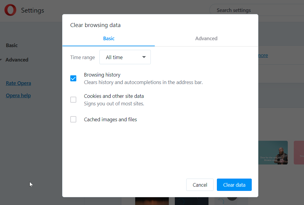 screenshot of opera browser