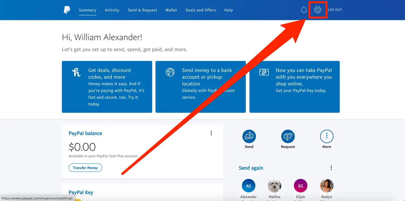 paypal interface with red arrow pointing to settings icon