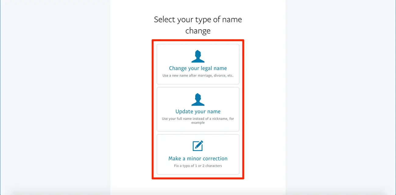 paypal page with options to chnage name