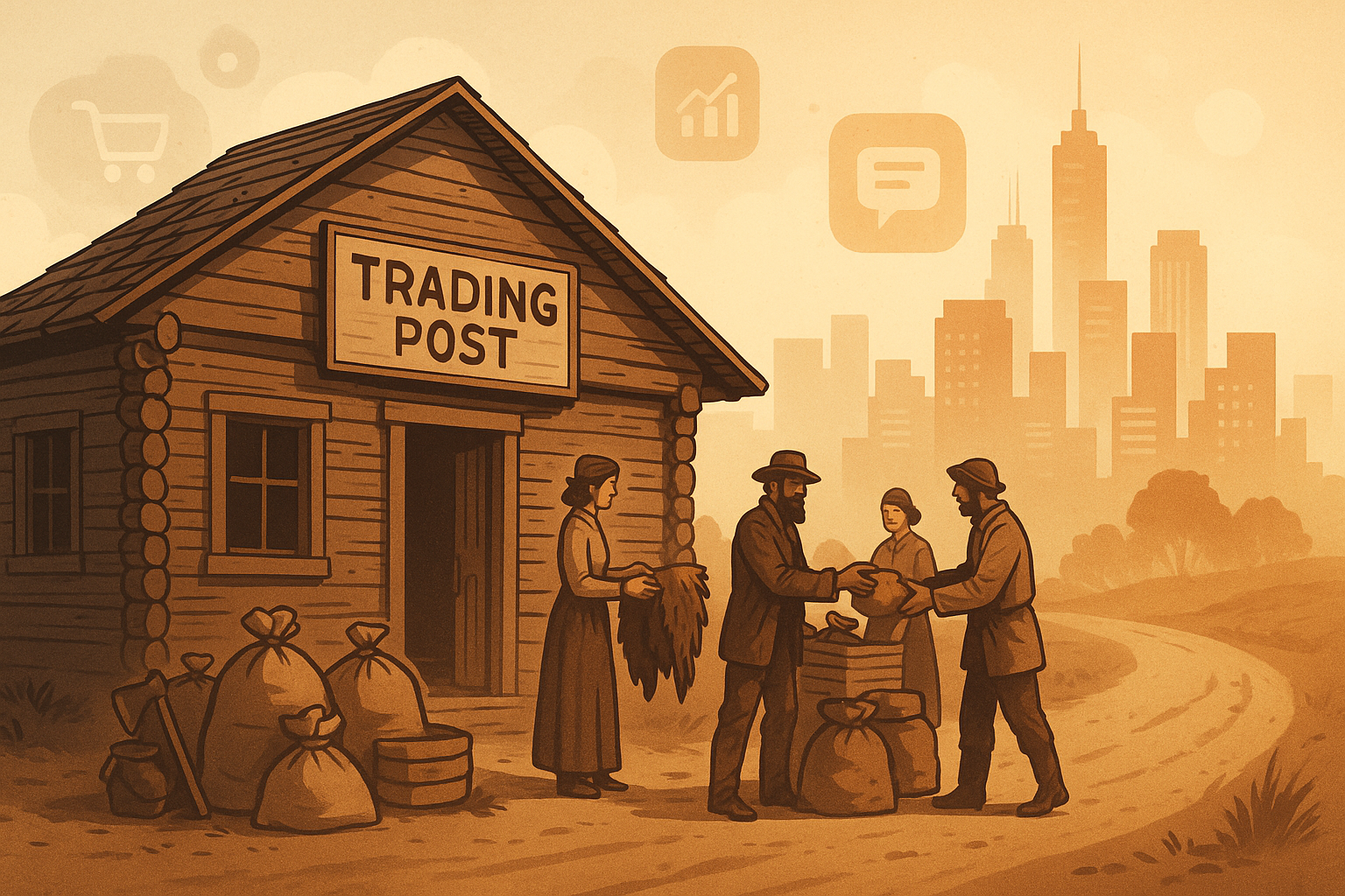 Historical wooden trading post with traders exchanging goods in the foreground, set against a faint modern city skyline with subtle digital commerce icons representing the evolution from traditional trading posts to modern marketplaces