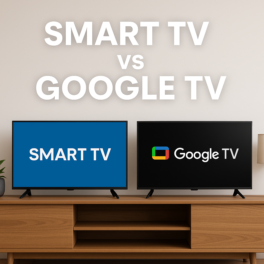 realistic, modern living room featuring two TVs side by side on a wooden console. The left screen displays a blue Smart TV interface, while the right shows the Google TV logo on a dark background. Above both screens, large centered white text reads “SMART TV VS GOOGLE TV.” The scene includes soft lighting, a minimal plant, and a neutral wall for a clean comparison layout.