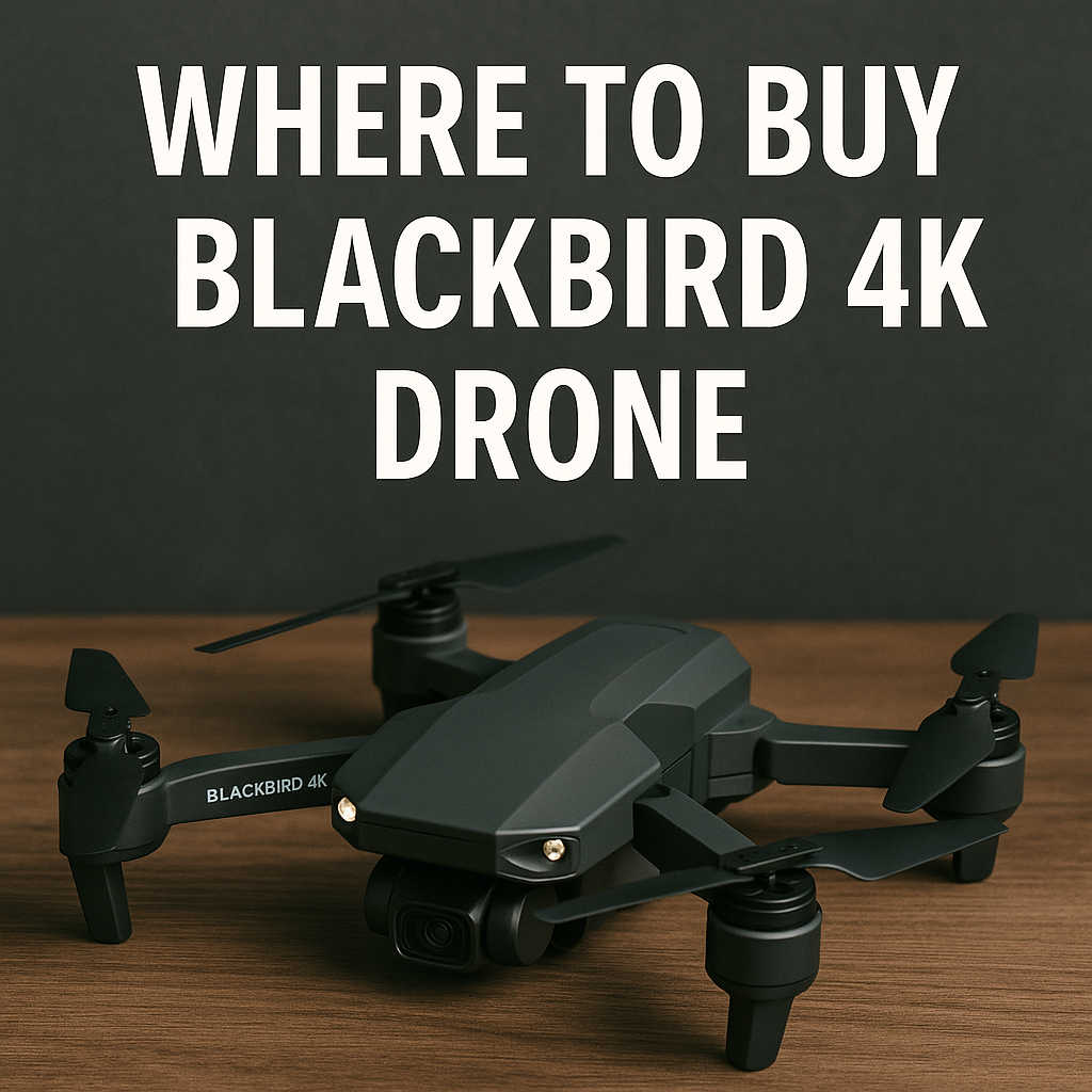 A realistic Blackbird 4K drone placed on a wooden surface with the bold white title “WHERE TO BUY BLACKBIRD 4K DRONE” displayed above it against a dark background.