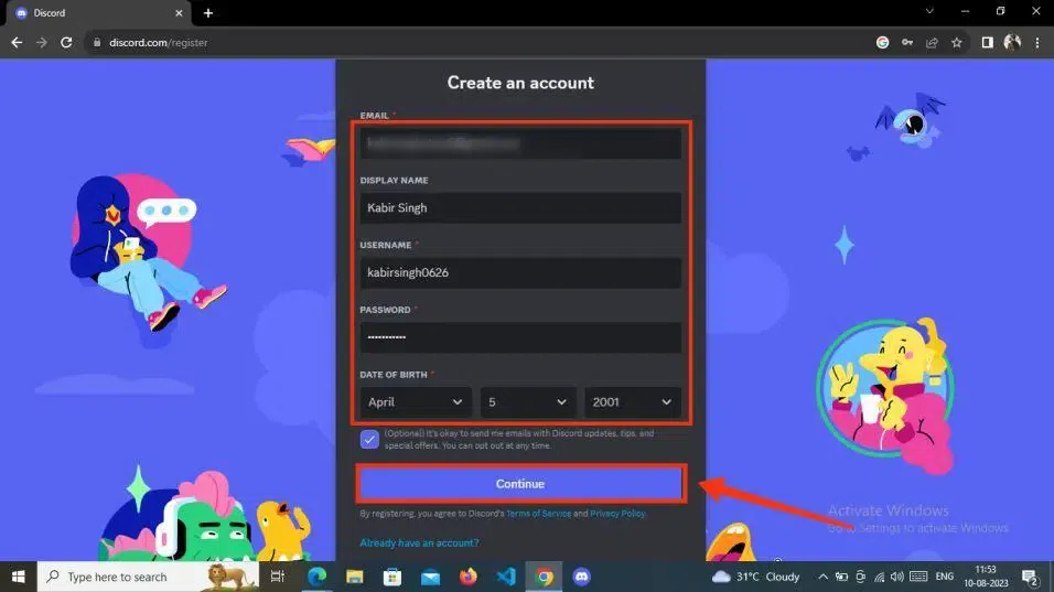 discord screen showing fields for registration