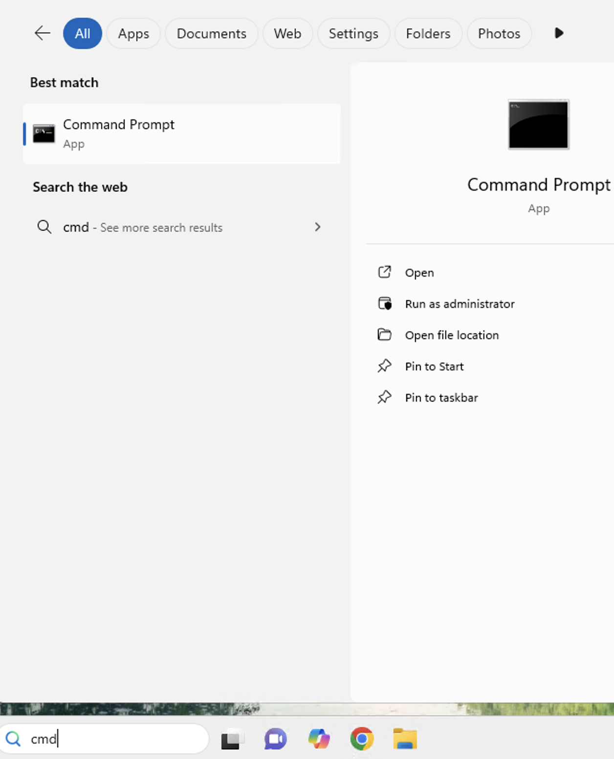 windows menu with command prompt