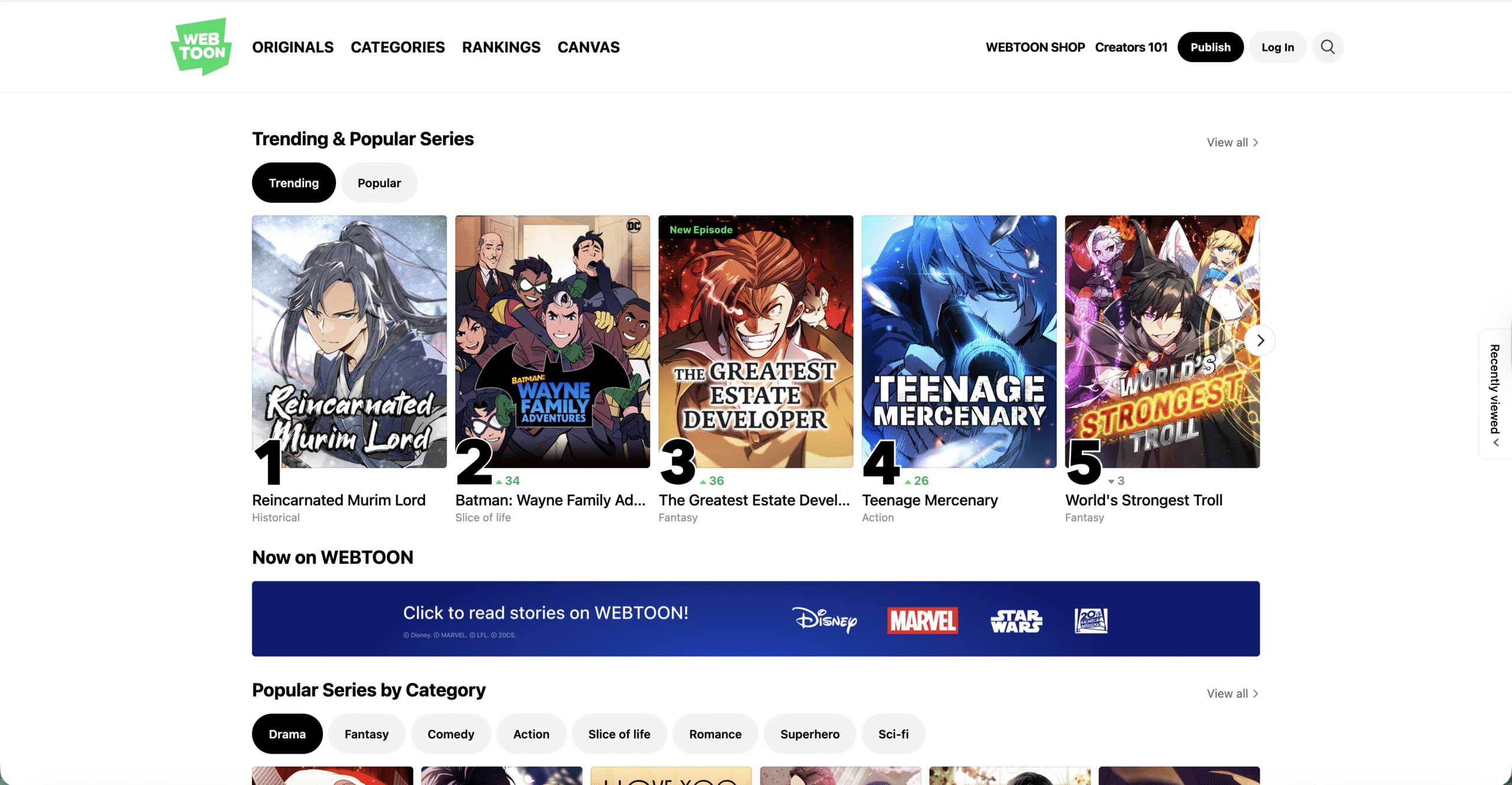 webtoon homepage with manga
