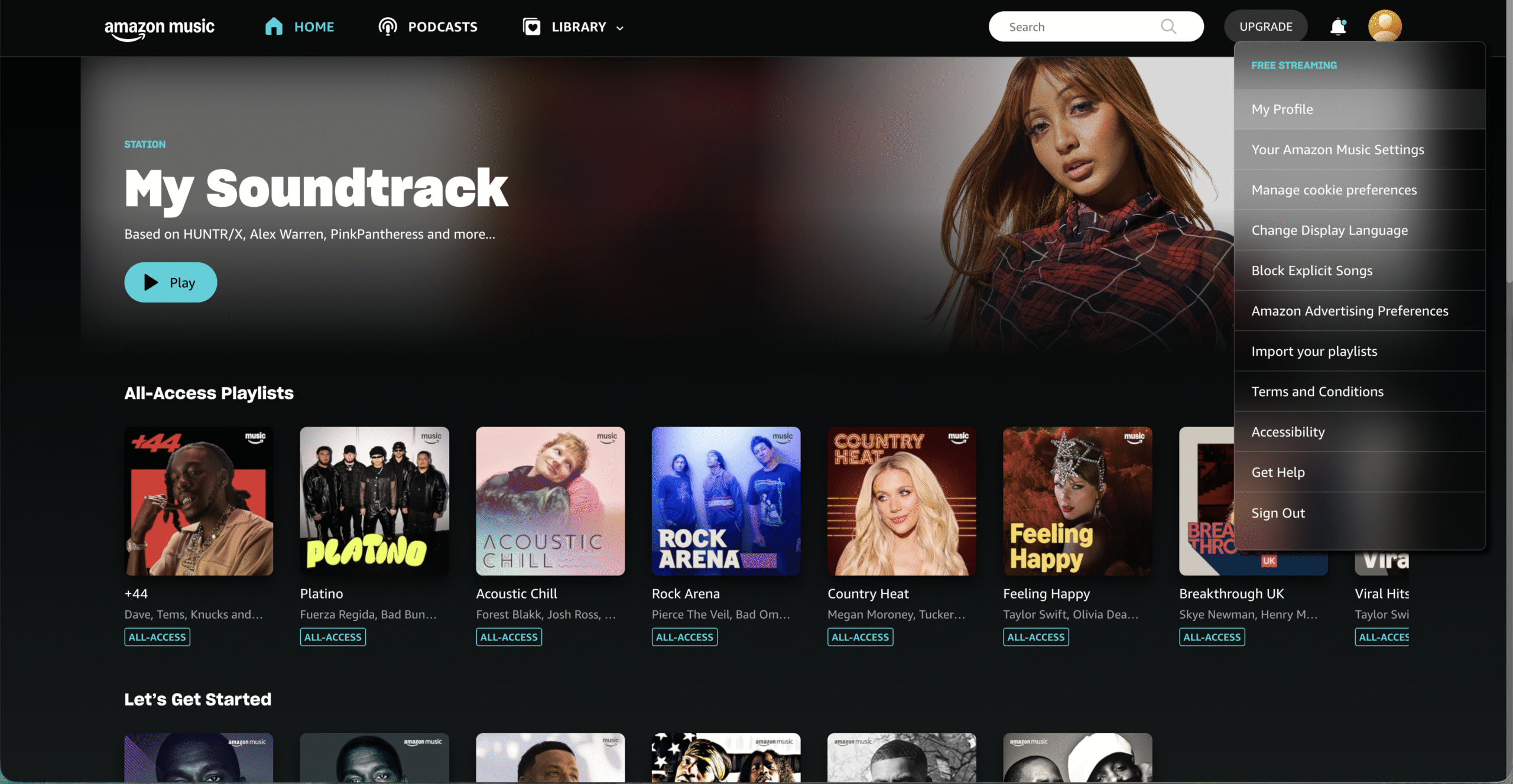 Amazon music settings dropdown menu