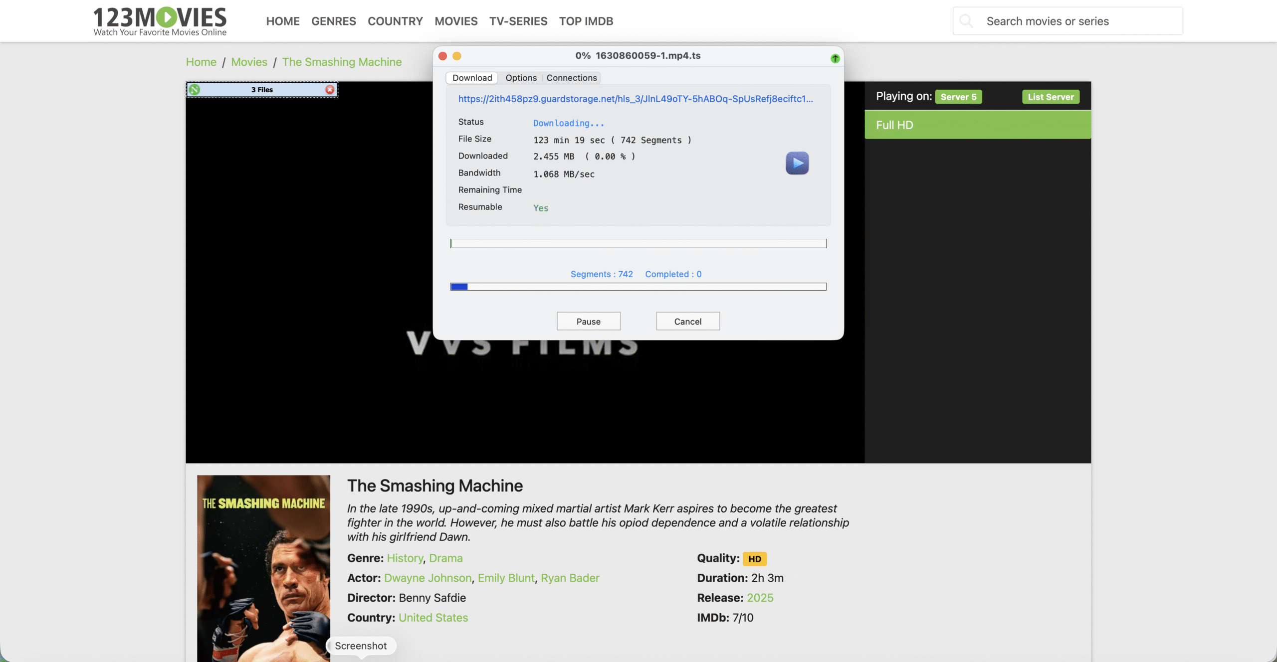 screenshot of app downloading movie