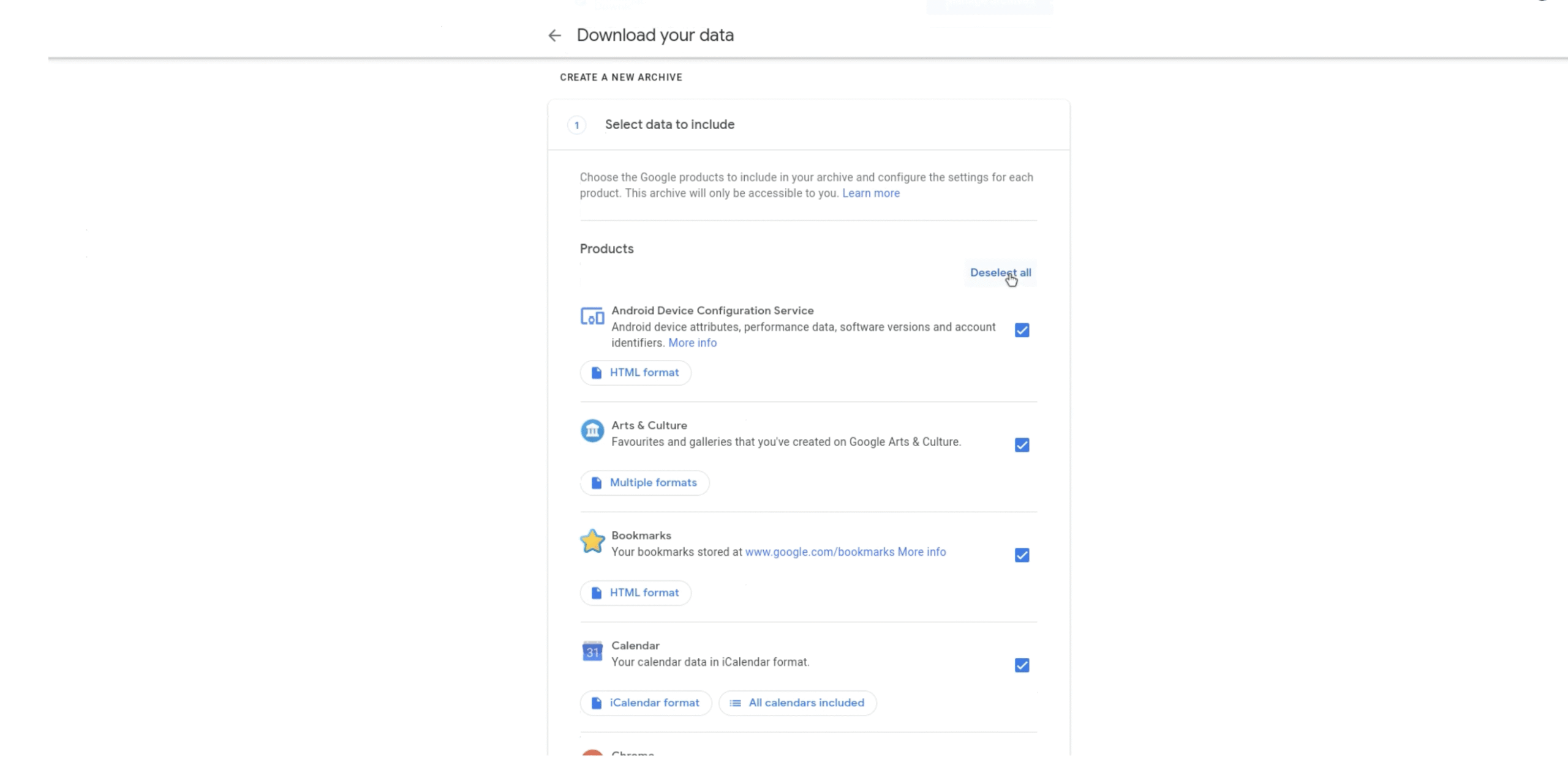 deselecting all data types in google takeout