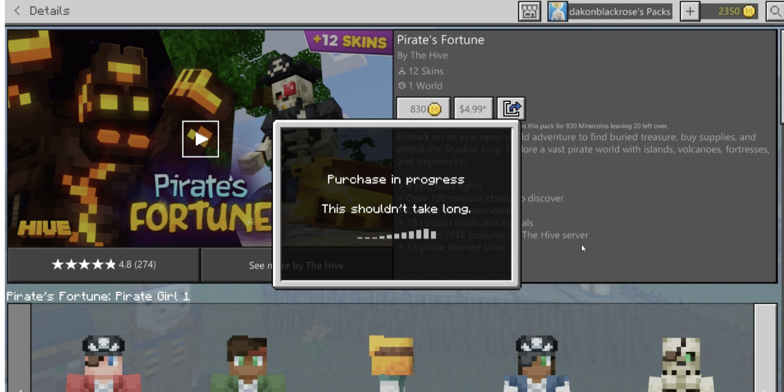 Minecraft purchase screen on xbox