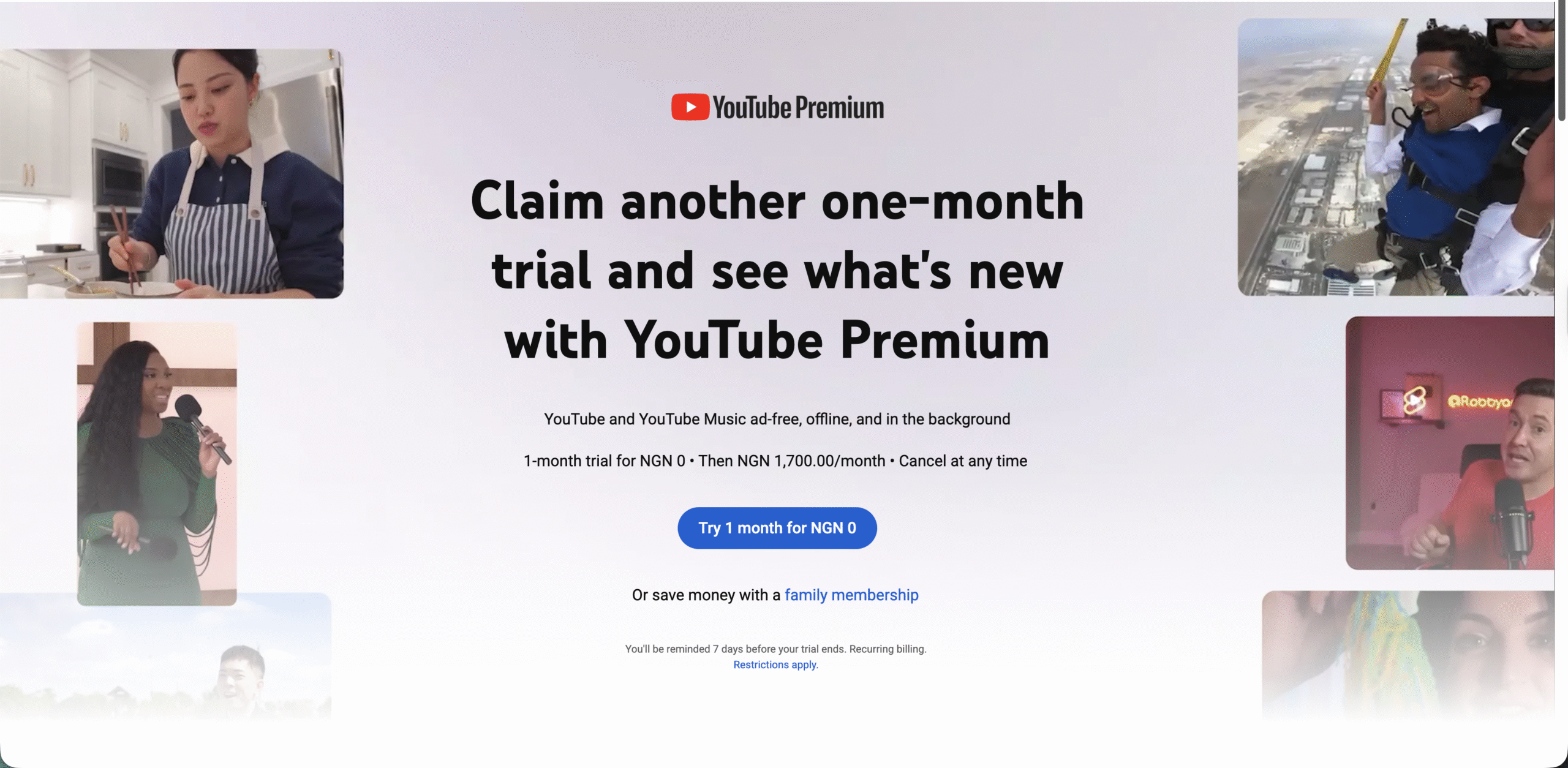 screenshot of youtube premium's first page