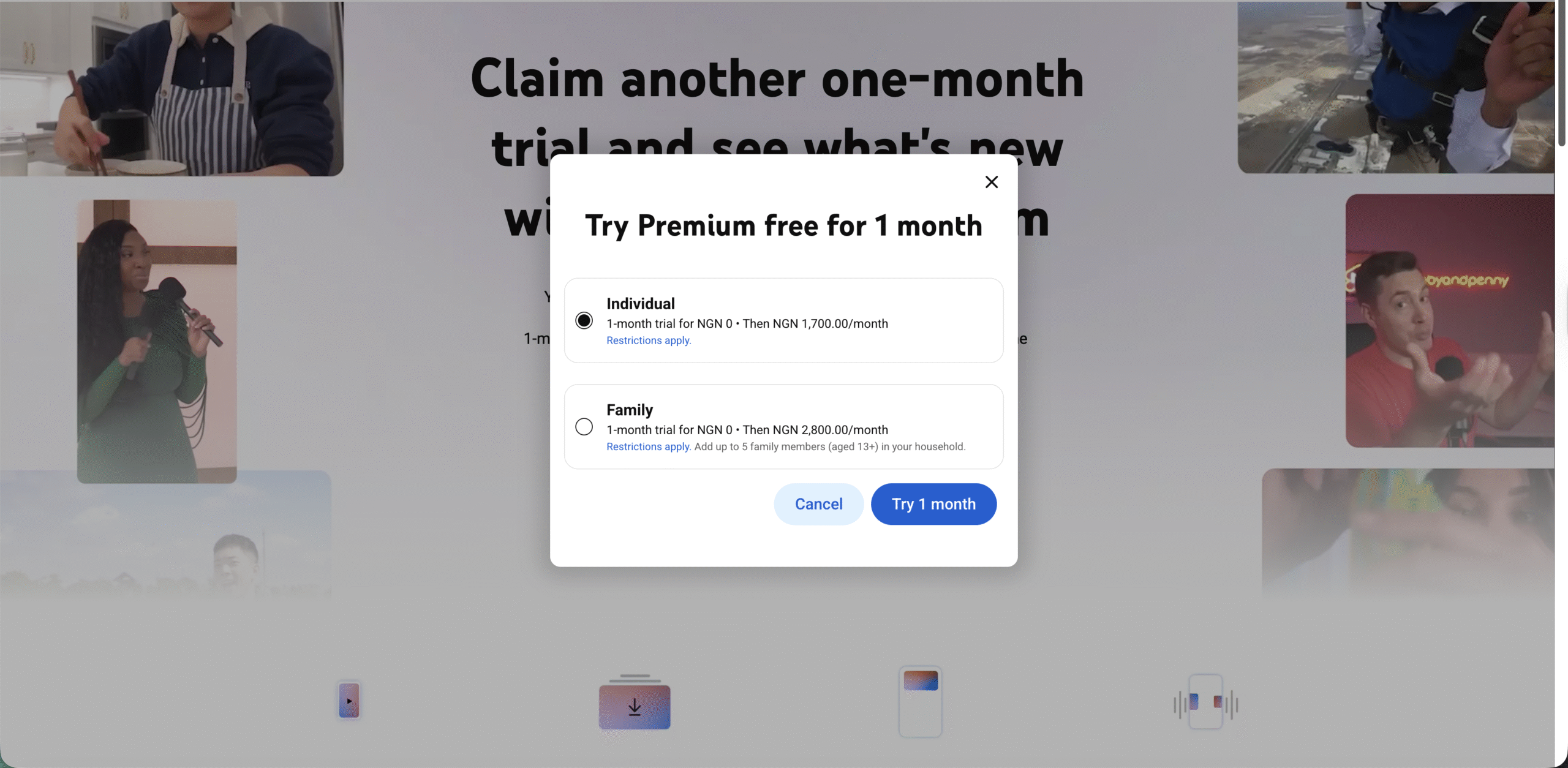 screenshot of youtube premium options and plans