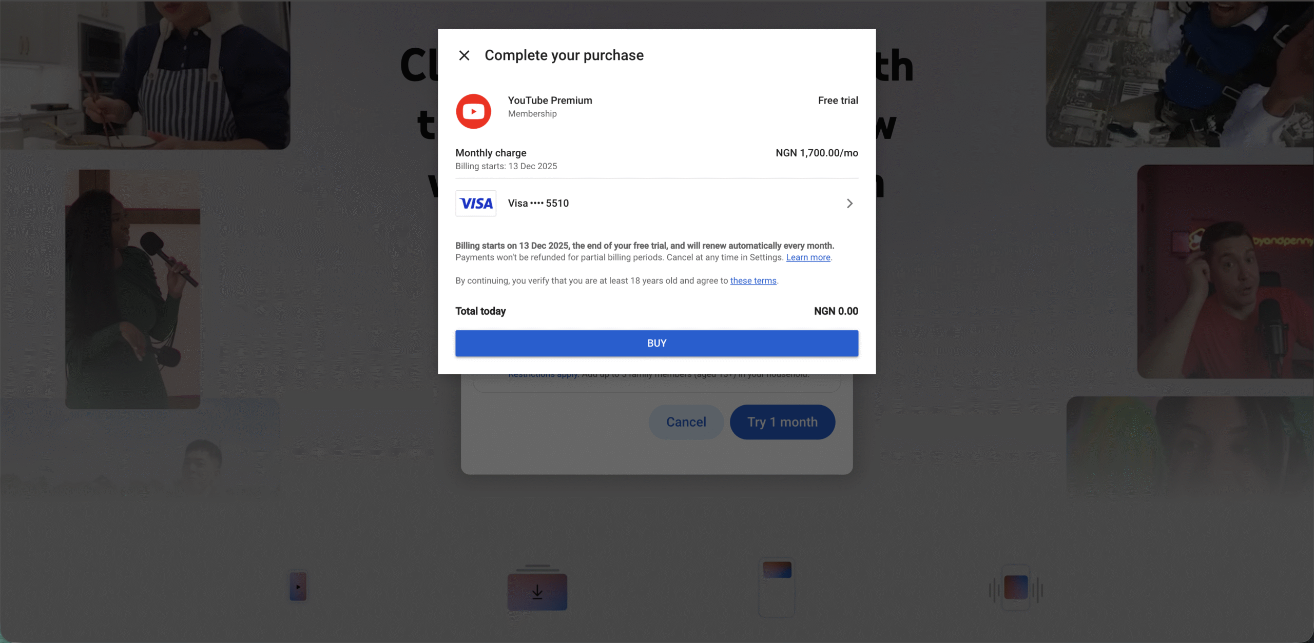 screenshot of youtube premium purchase page