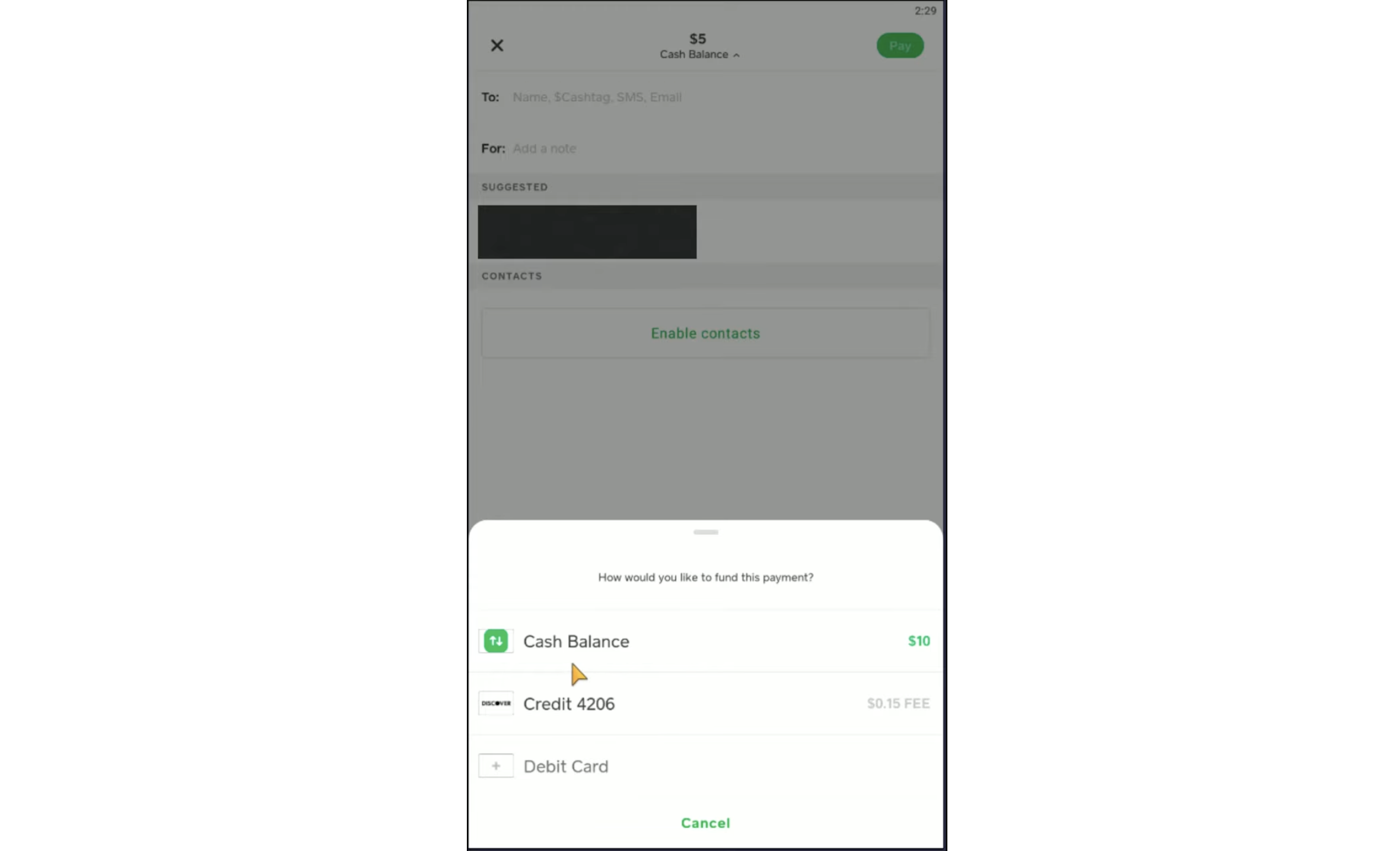 select payment option in cash app