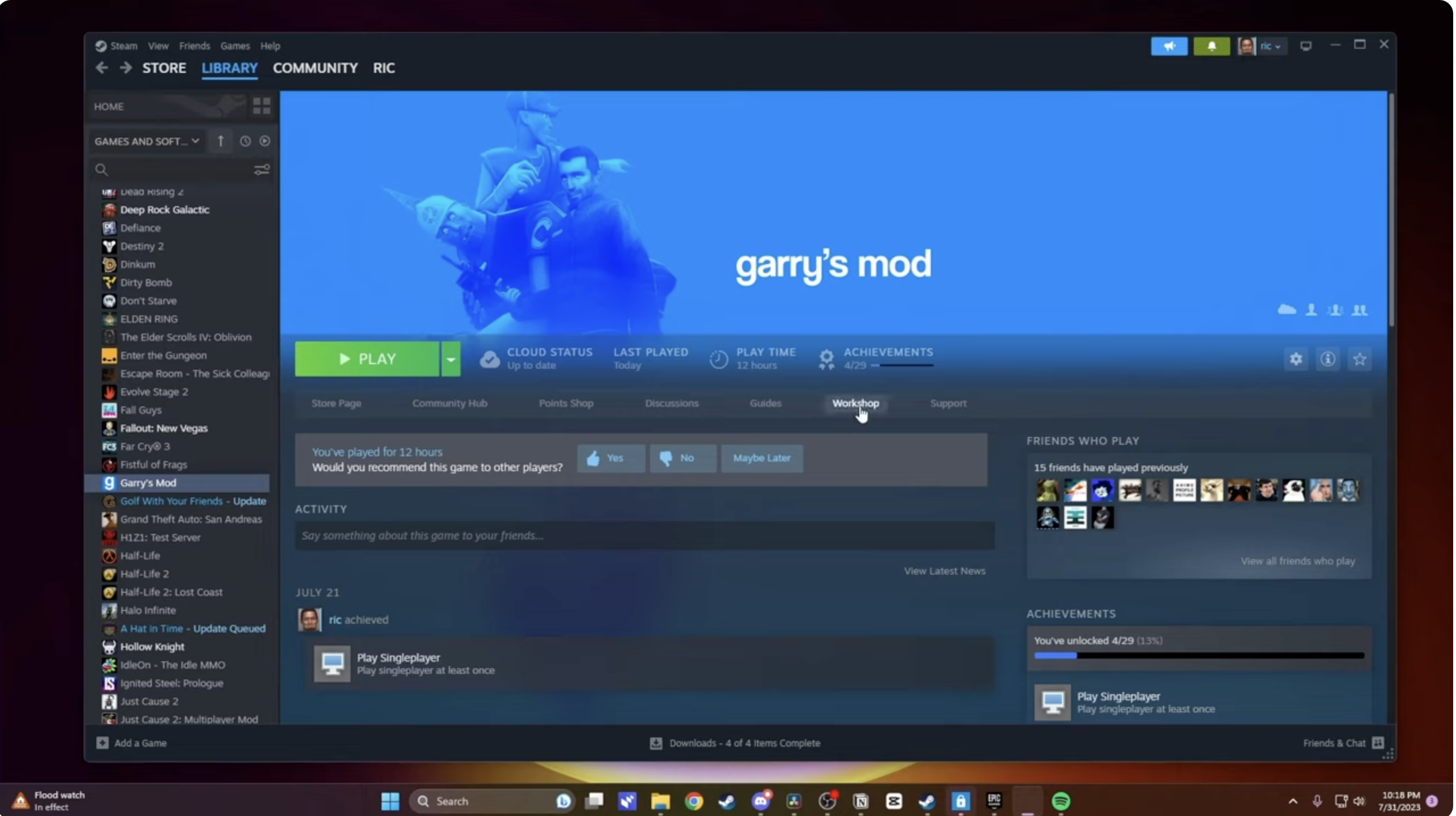 steam interface with game list
