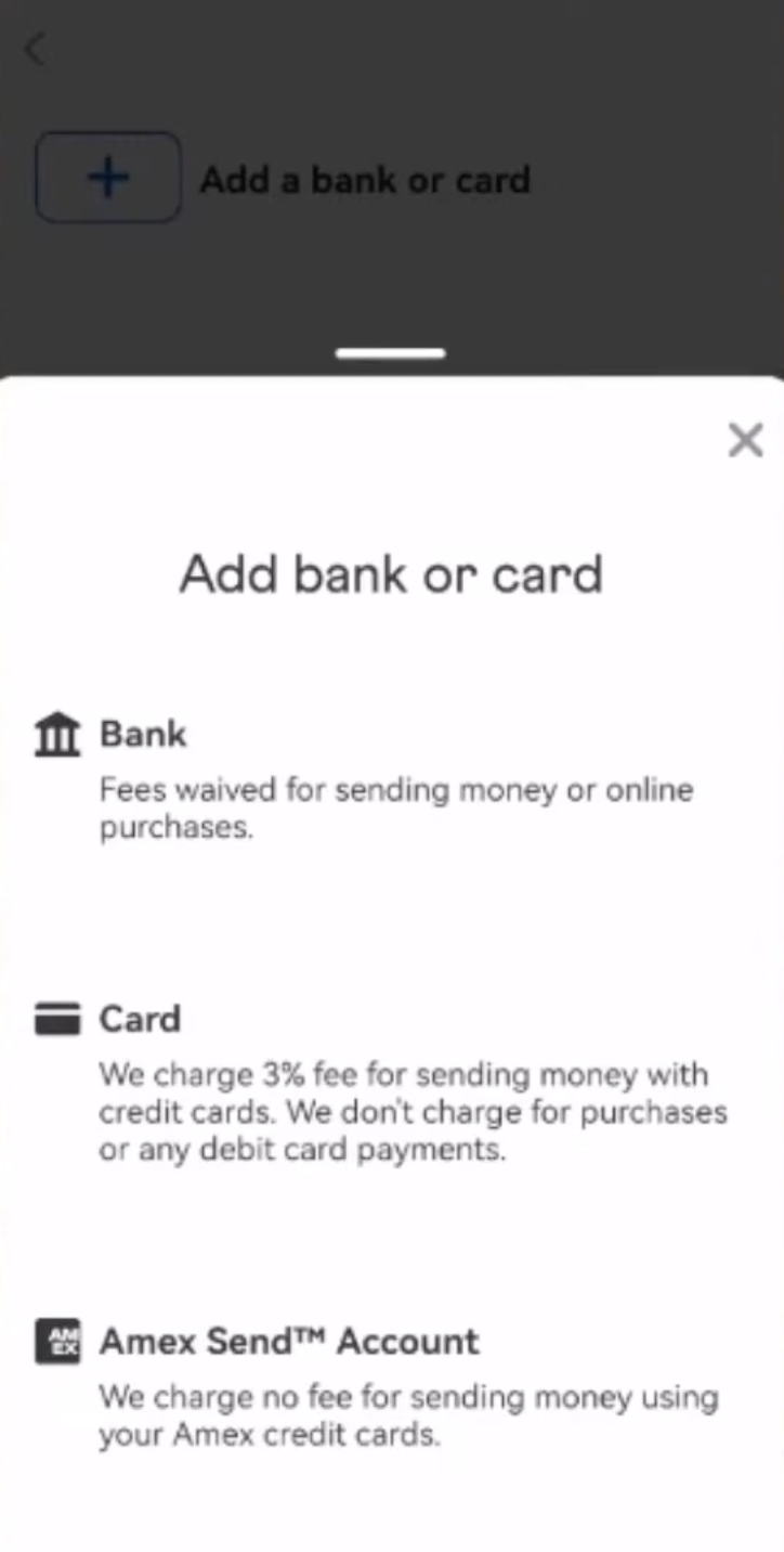 options to choose bank or card