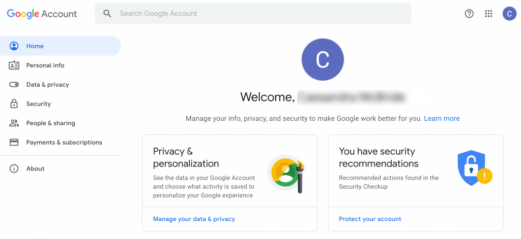 Google account main page