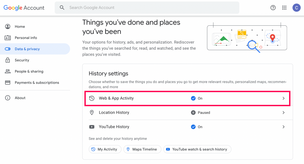 Google account web page and activity settings