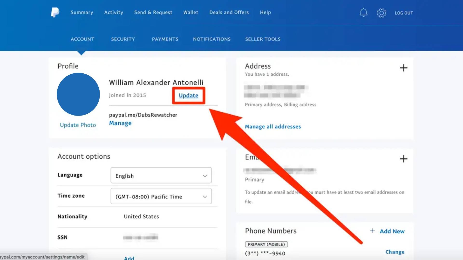 paypal interface with update button