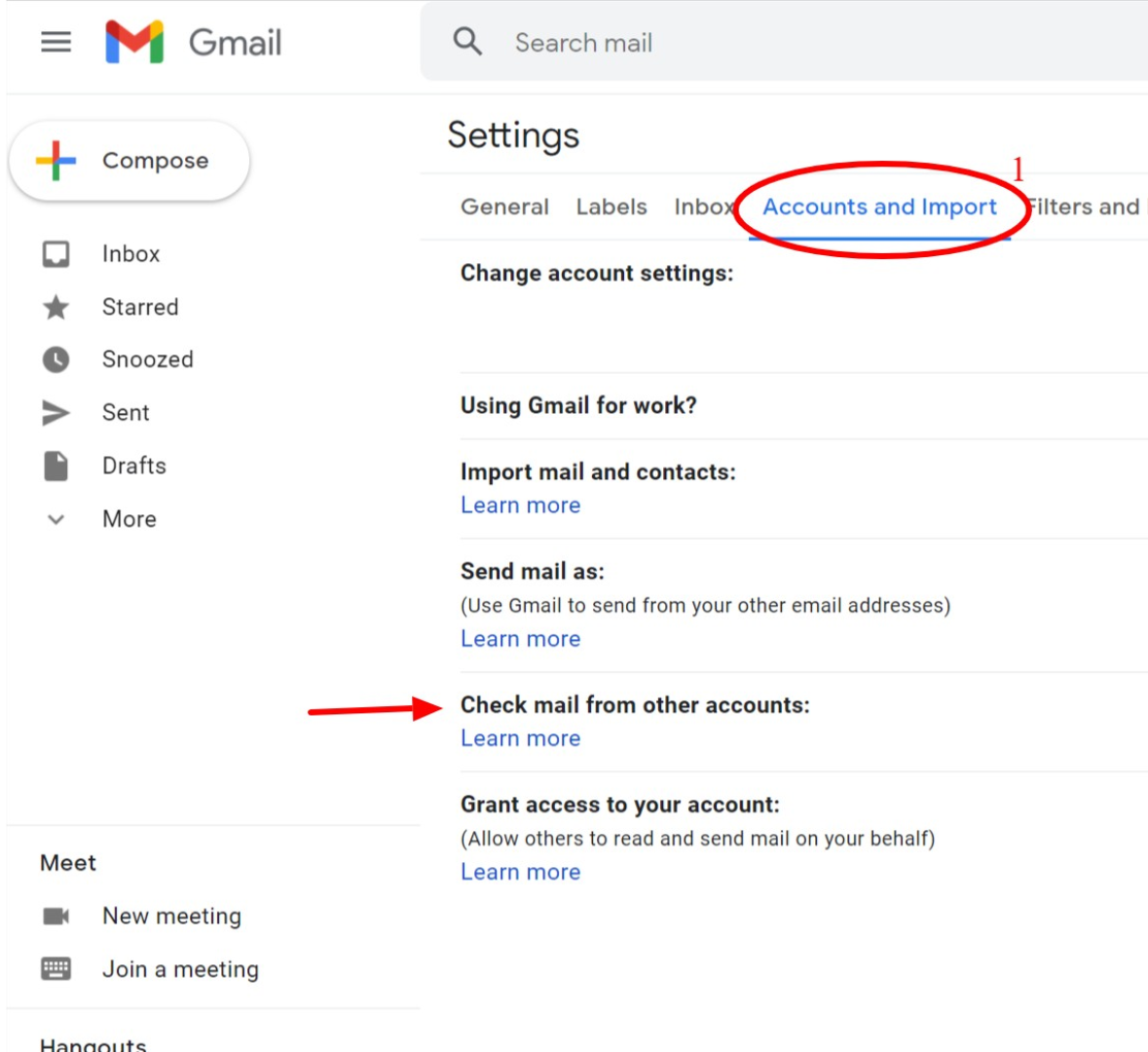 the account and import section of gmail