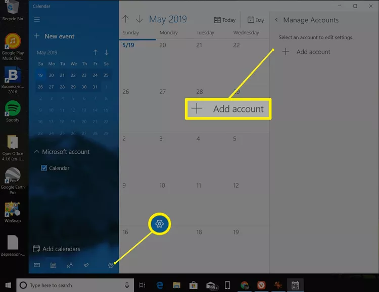 option to add account in settings