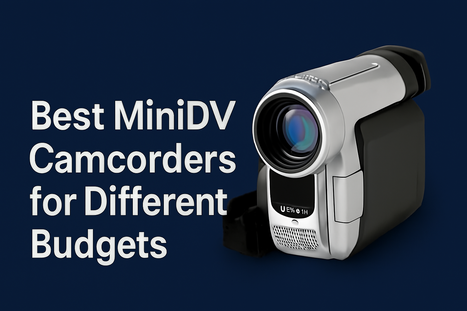 MiniDV camcorder with the text 'Best MiniDV Camcorders for different budget' displayed on a navy background.