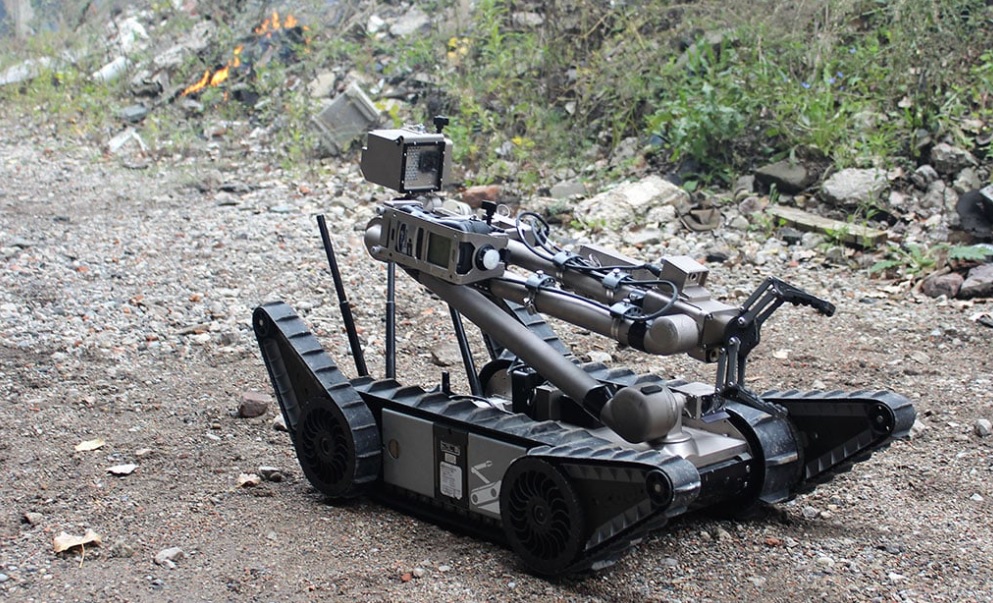 a black disaster response robot on wheels