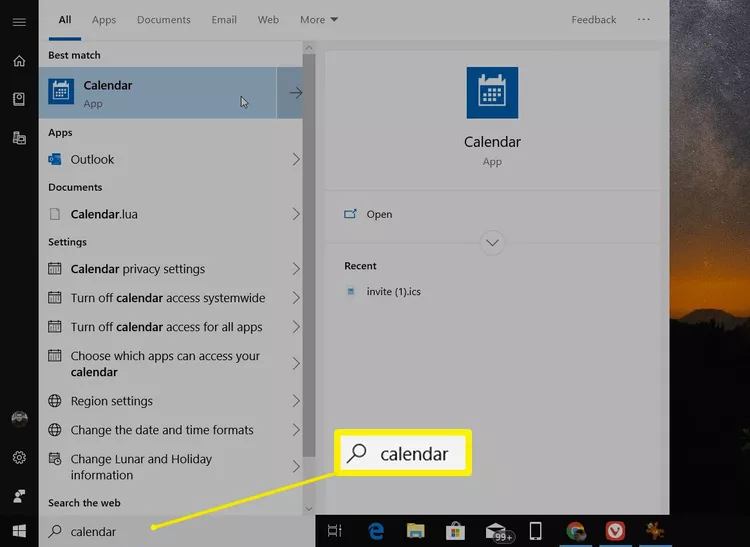calendar app icon in windows
