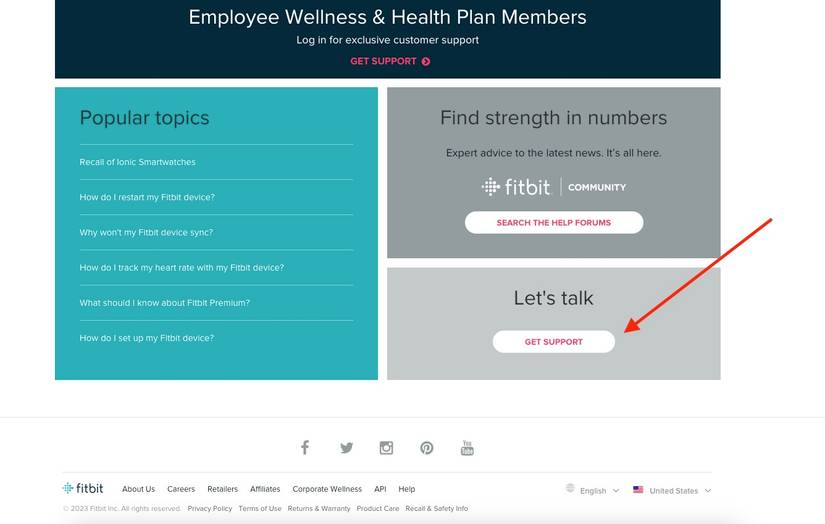 fitbit website red arrow pointing to support button