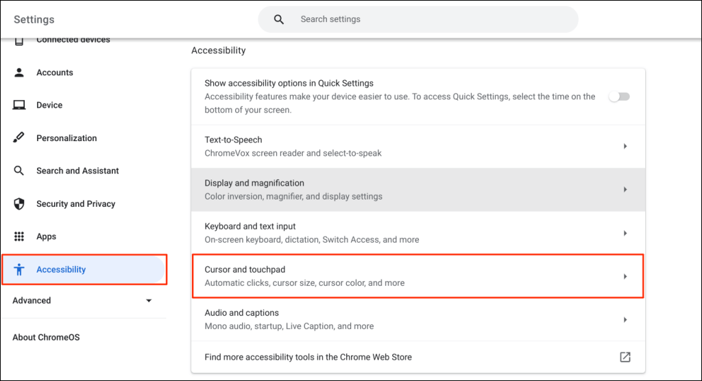 the cursor and touchpad option in chromebook