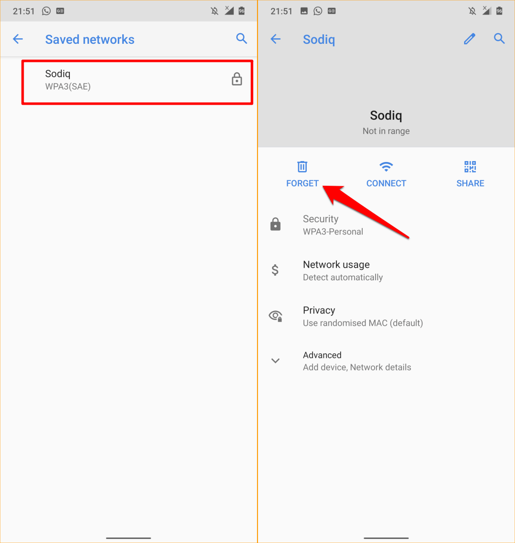 Forget Wi-Fi network option selected in Android Wi-Fi settings