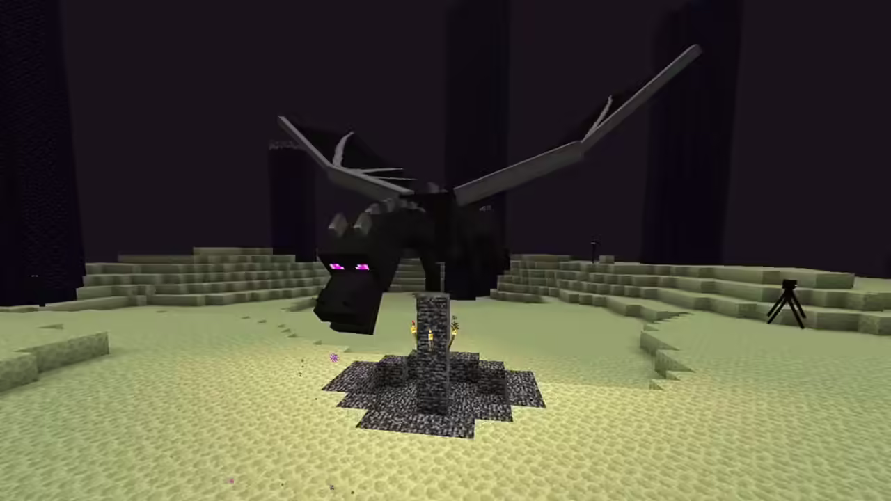 Ender Dragon landing on the exit portal as the player prepares for the final attack.