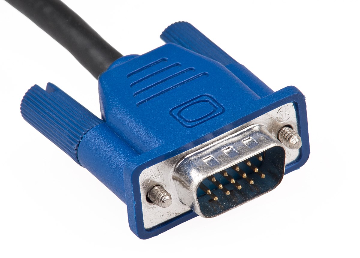 Close-up of a blue VGA cable.
