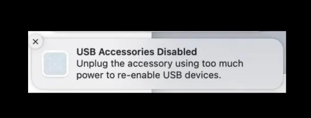 Mac showing USB Accessories Disabled alert notification