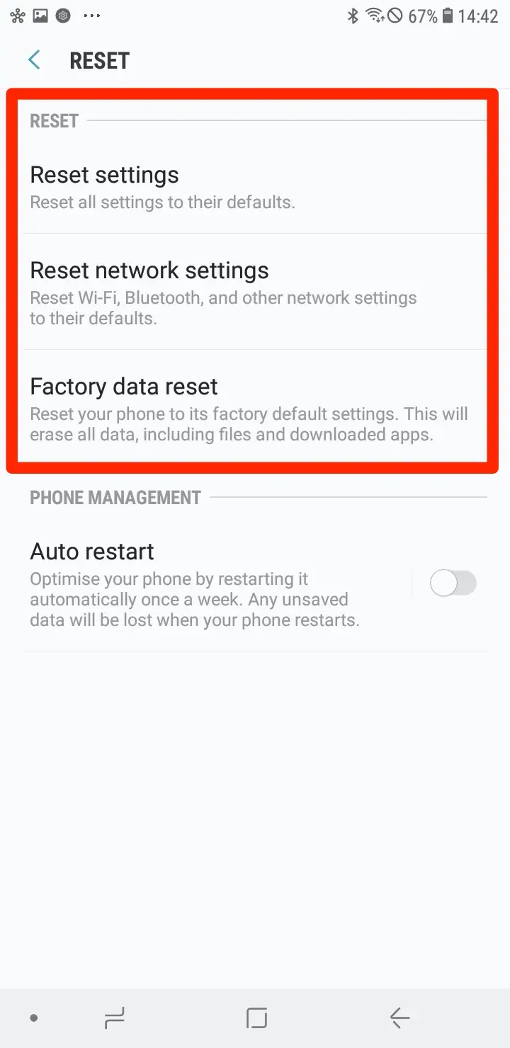 Reset network settings screen on Android device