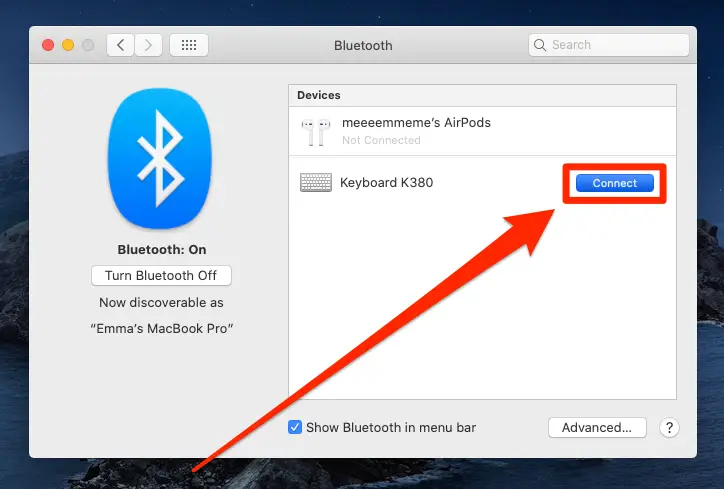 a longer red arrow pointing to blue connect button