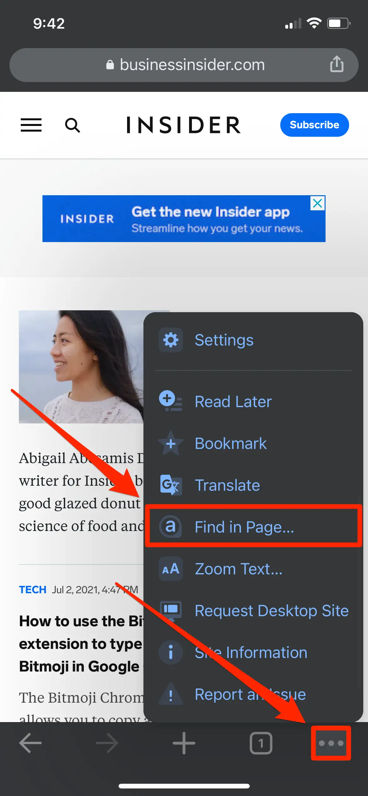 Chrome menu open with Find In Page selected