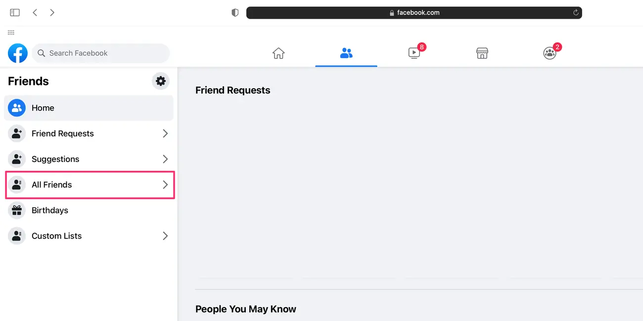 Clicking the Friends tab