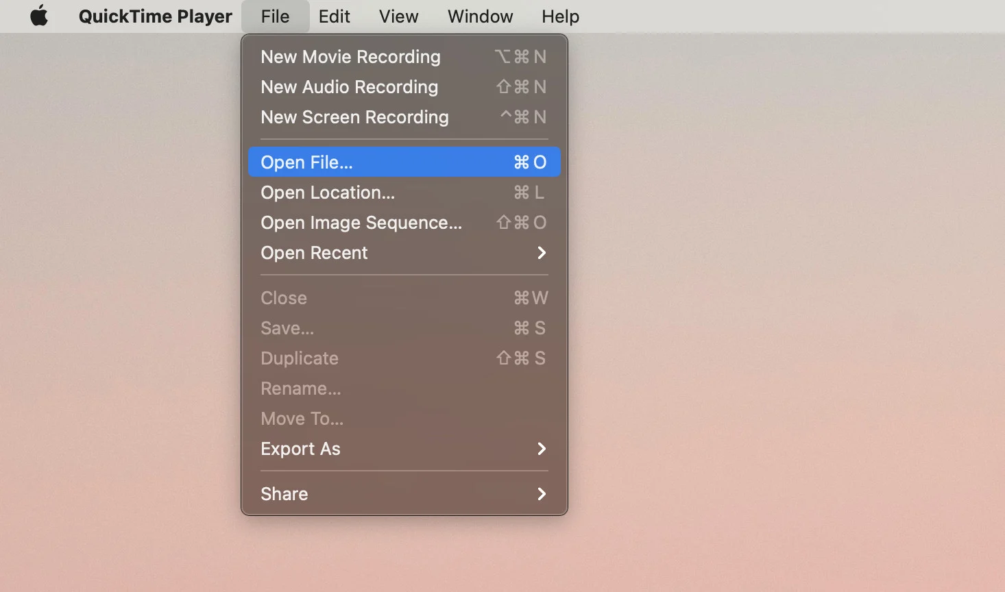 QuickTime Player export menu
