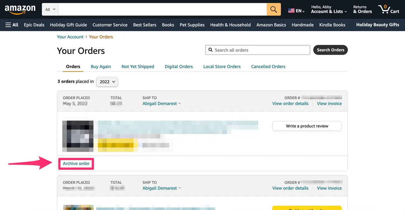 Amazon account orders page showing Archive Order option