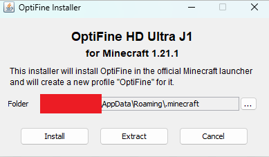 OptiFine installer window confirming the Minecraft installation path and showing the Install button.