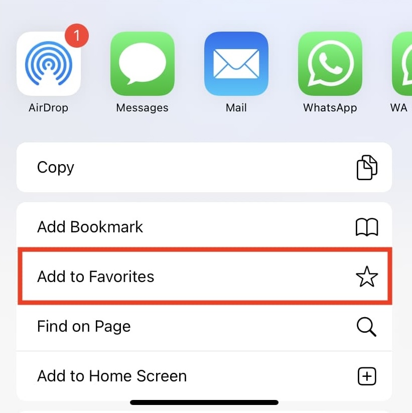 iPhone Safari Share Sheet showing the Add To Favorites option