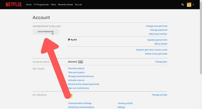 Netflix cancellation screen with the Cancel Membership option highlighted.